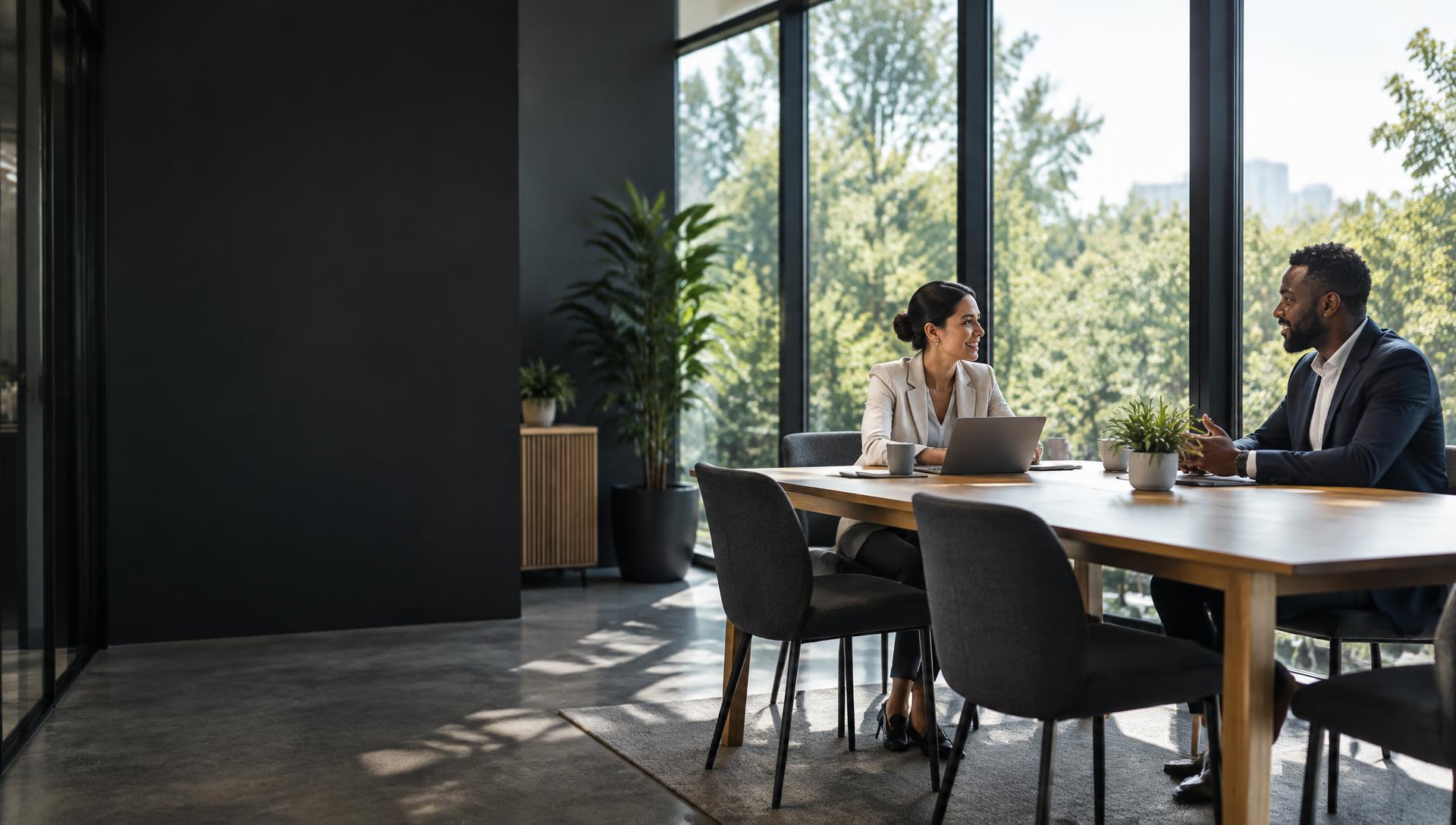 Business professionals discussing growth in a modern office